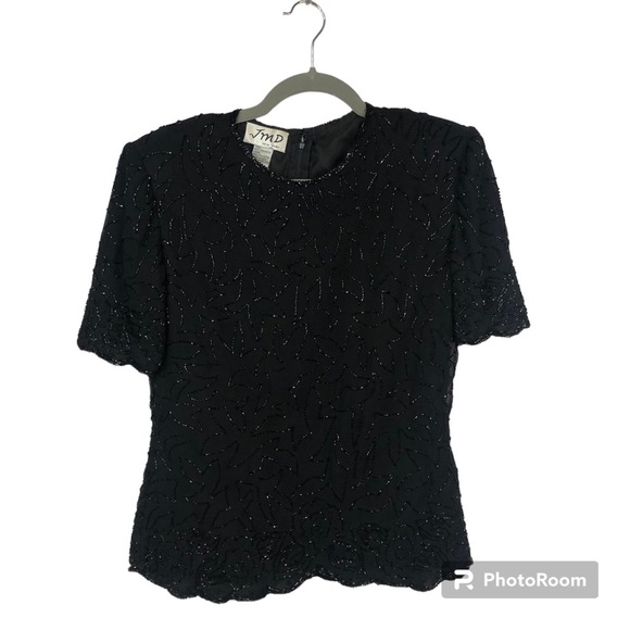 JMD Women’s Top Vintage Sequins Beads Short Sleeve Silk Shoulder Pads - Picture 1 of 8